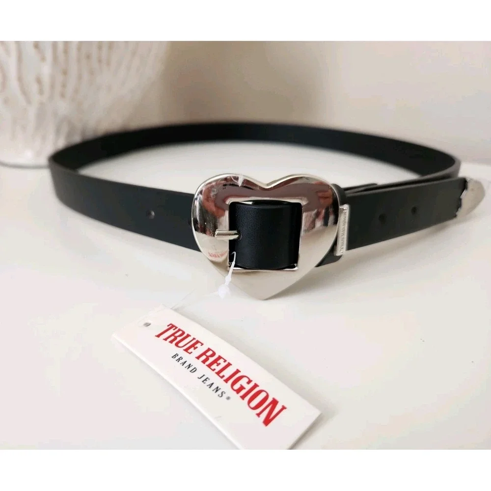 True Religion Silver Heart Buckle Belt Womens Faux Leather‎ Belt Black Size L/XL